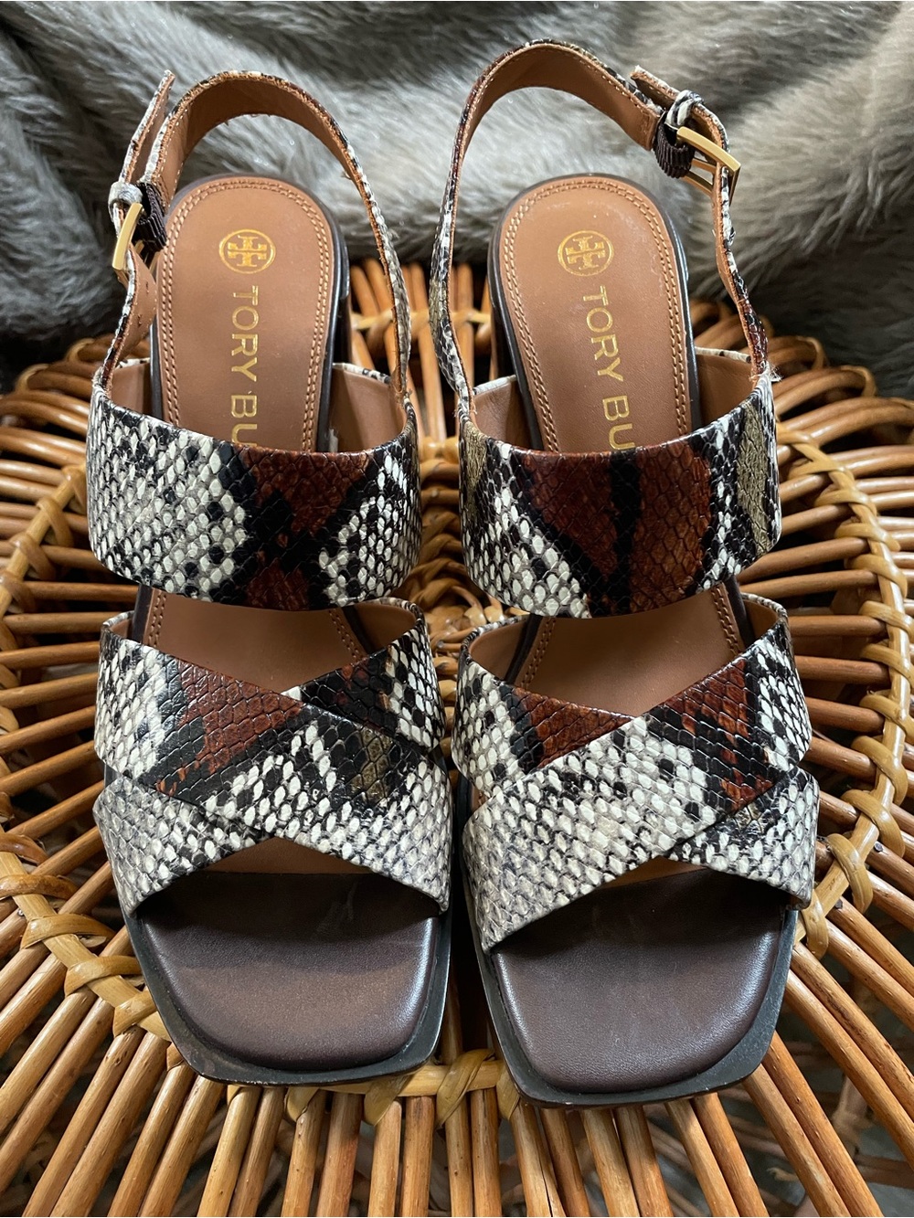 Tory Burch Brown Snake-Print Leather Slingback Sandals ( 6 )